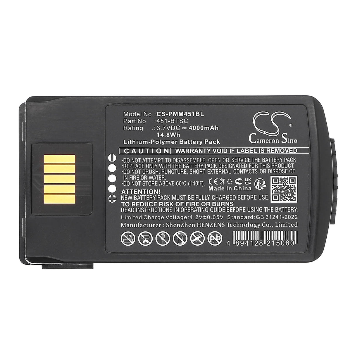 3,7V, Li-Polymer, 4000mAh, batterie de scanner de codes-barres compatible avec Point Mobile, 451-btsc, Pm451, 14,8Wh Scanner de codes-barres Cameron Sino Technology Limited