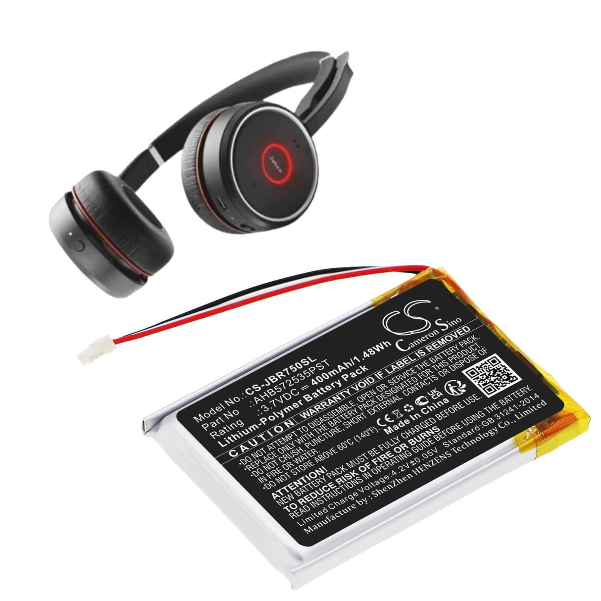 3.7v, Li-polymer, 400mah, Headset Battery Fits Jabra, Evolve 75, 1.48wh Wireless Headset Cameron Sino Technology Limited