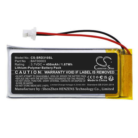 3.7V, Li-Polymer, 450mAh, Headset battery fits Cardo, Bat00003, Q1, Q3, 1.67Wh Wireless Headset Cameron Sino Technology Limited