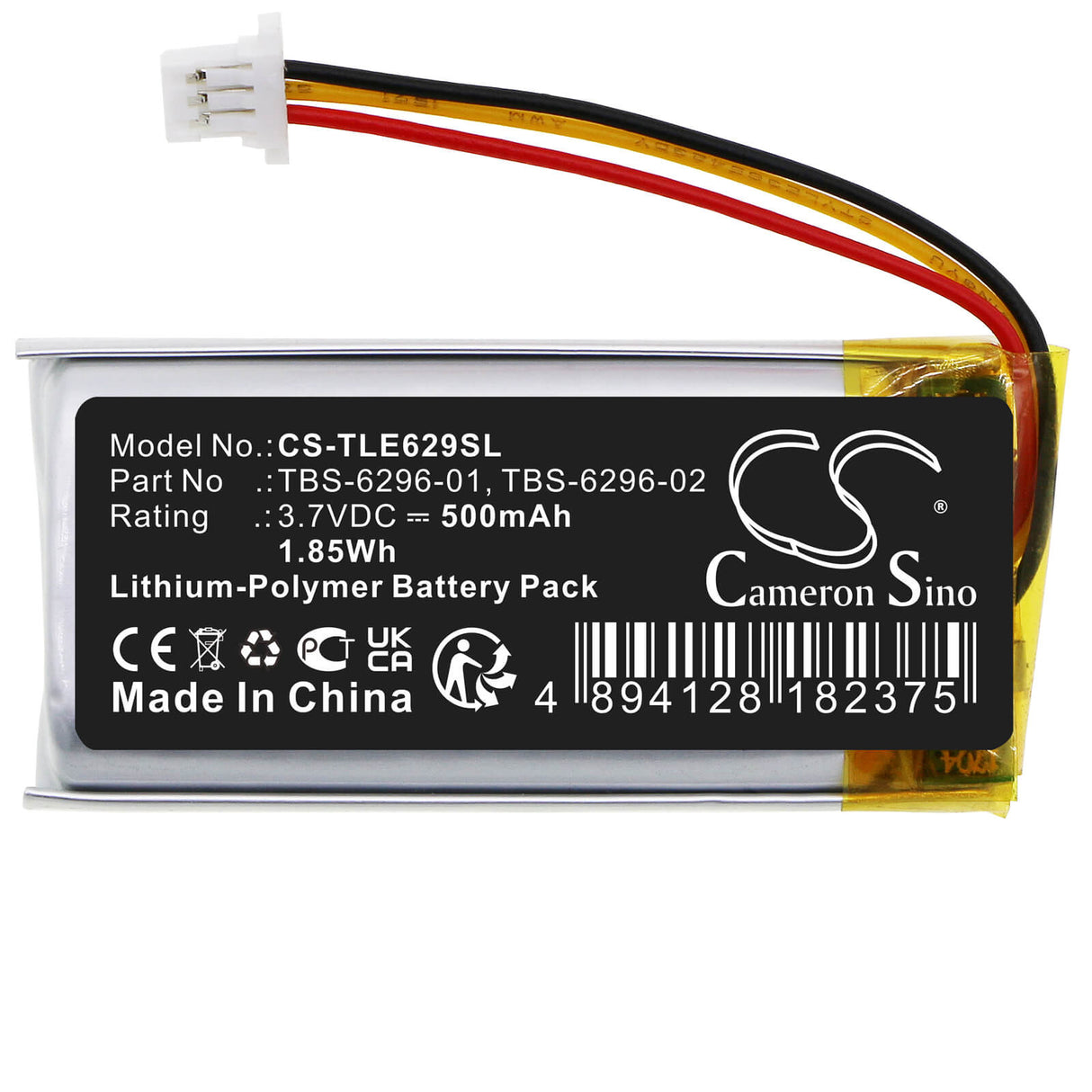 3.7V, Li-Polymer, 500mAh, Headset battery fits Turtle Beach, Tbs-6296-01, Elite Atlas Aero, Elite Atlas Aero Rx, 1.85Wh Wireless Headset Cameron Sino Technology Limited