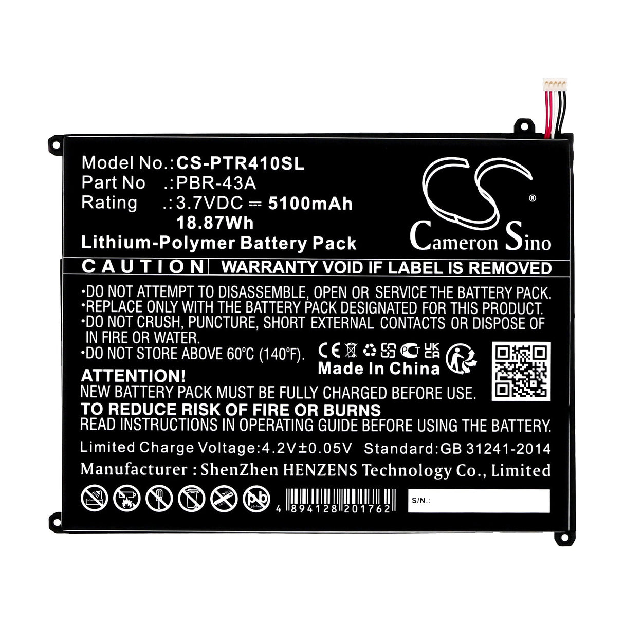 3.7V, Li-Polymer, 5100mAh, Tablet Battery fits Pantech, Element P4100, 18.87Wh Tablet Cameron Sino Technology Limited