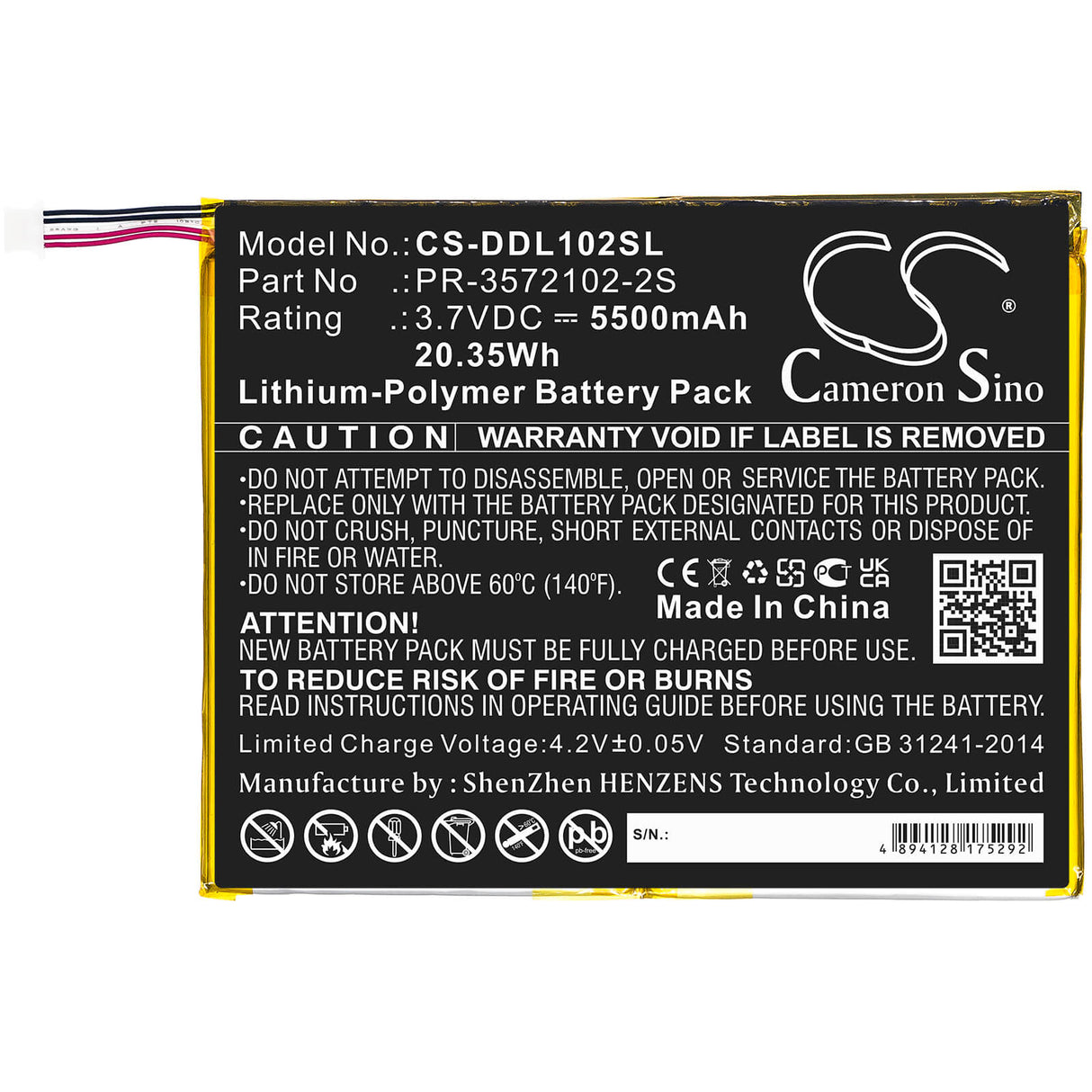 3.7V, Li-Polymer, 5500mAh, Tablet battery fits Digiland, Pr-3572102-2s, Dl1028w, 20.35Wh Tablet Cameron Sino Technology Limited