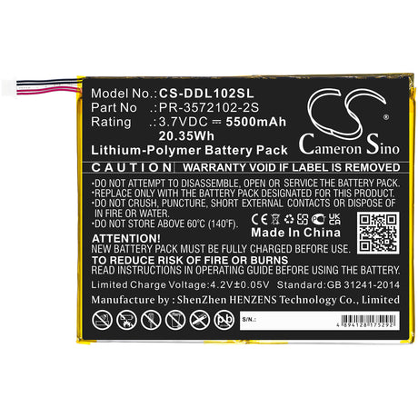 3.7V, Li-Polymer, 5500mAh, Tablet battery fits Digiland, Pr-3572102-2s, Dl1028w, 20.35Wh Tablet Cameron Sino Technology Limited
