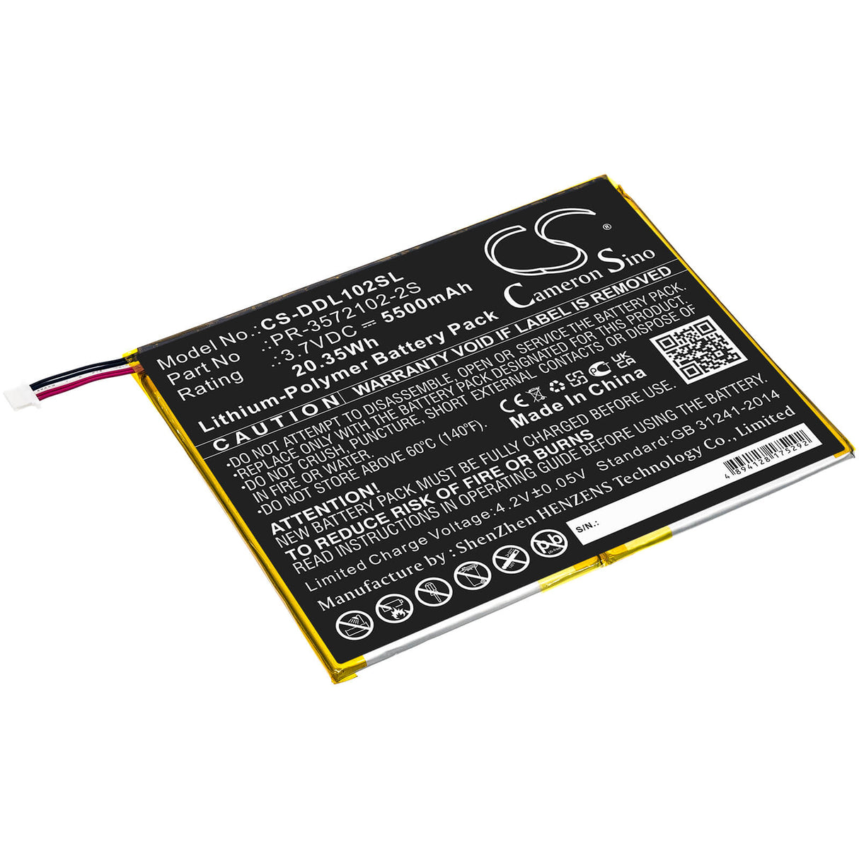 3.7V, Li-Polymer, 5500mAh, Tablet battery fits Digiland, Pr-3572102-2s, Dl1028w, 20.35Wh Tablet Cameron Sino Technology Limited