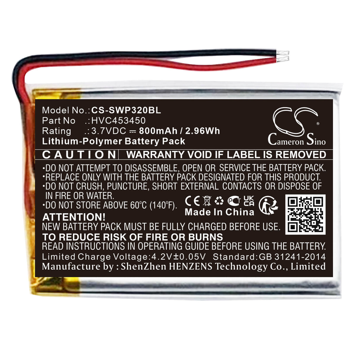 3,7V, Li-Polymer, 800mAh, Batterie de terminal de paiement compatible avec Stripe, Hvc453450, Wisepad 3, Wpc32, 2,96Wh Terminal de paiement Cameron Sino Technology Limited