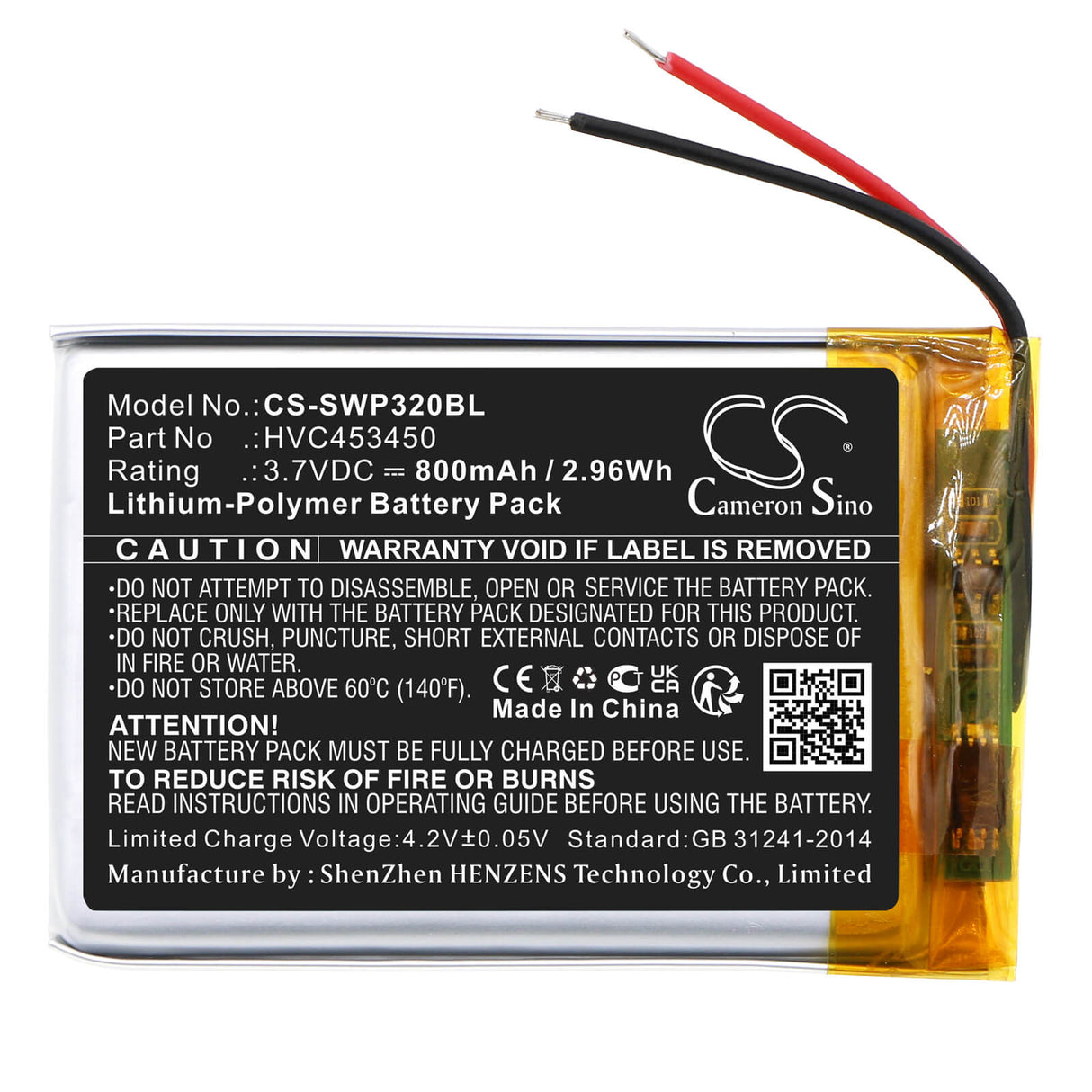 3,7V, Li-Polymer, 800mAh, Batterie de terminal de paiement compatible avec Stripe, Hvc453450, Wisepad 3, Wpc32, 2,96Wh Terminal de paiement Cameron Sino Technology Limited