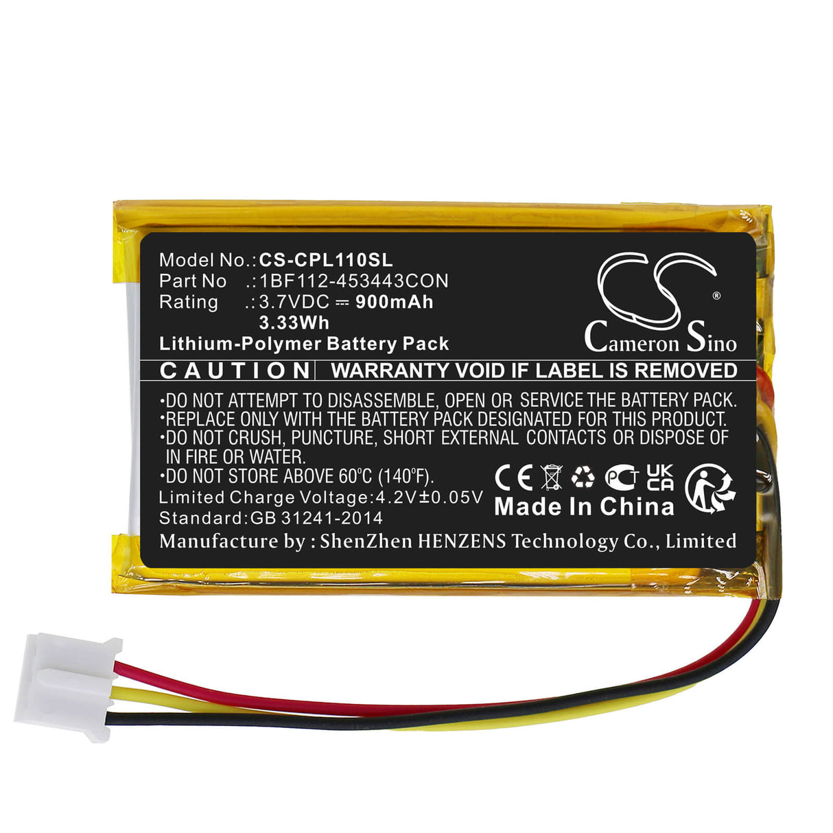3.7V, Li-Polymer, 900mAh, GPS battery fits Calamp, 1bf112-453443con, Lmu-1100, Lmu-1200, 3.33Wh GPS, Navigator Cameron Sino Technology Limited