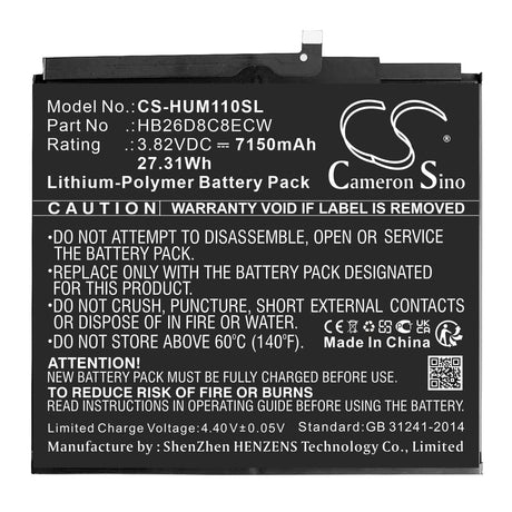 3.82V, Li-Polymer, 7150mAh, Tablet battery fits Huawei, Hb26d8c8ecw, Dby-w09, Matepad 11, 27.31Wh Tablet Cameron Sino Technology Limited