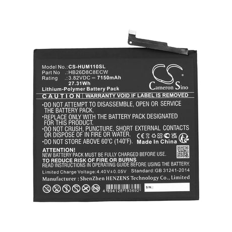 3.82V, Li-Polymer, 7150mAh, Tablet battery fits Huawei, Hb26d8c8ecw, Dby-w09, Matepad 11, 27.31Wh Tablet Cameron Sino Technology Limited