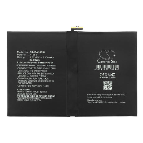 3.82V, Li-Polymer, 7300mAh, Tablet battery fits Apple, A1664, A1673, A1674, 27.89Wh Tablet Cameron Sino Technology Limited
