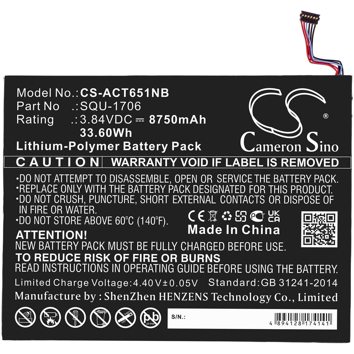 3.84V, Li-Polymer, 8750mAh, Tablet battery fits Acer, Kt.00201.004, Chromebook Tab 10, D651n, 33.60Wh Tablet Cameron Sino Technology Limited