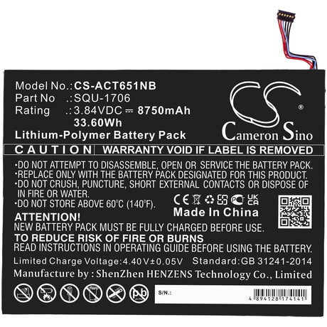 3.84V, Li-Polymer, 8750mAh, Tablet battery fits Acer, Kt.00201.004, Chromebook Tab 10, D651n, 33.60Wh Tablet Cameron Sino Technology Limited
