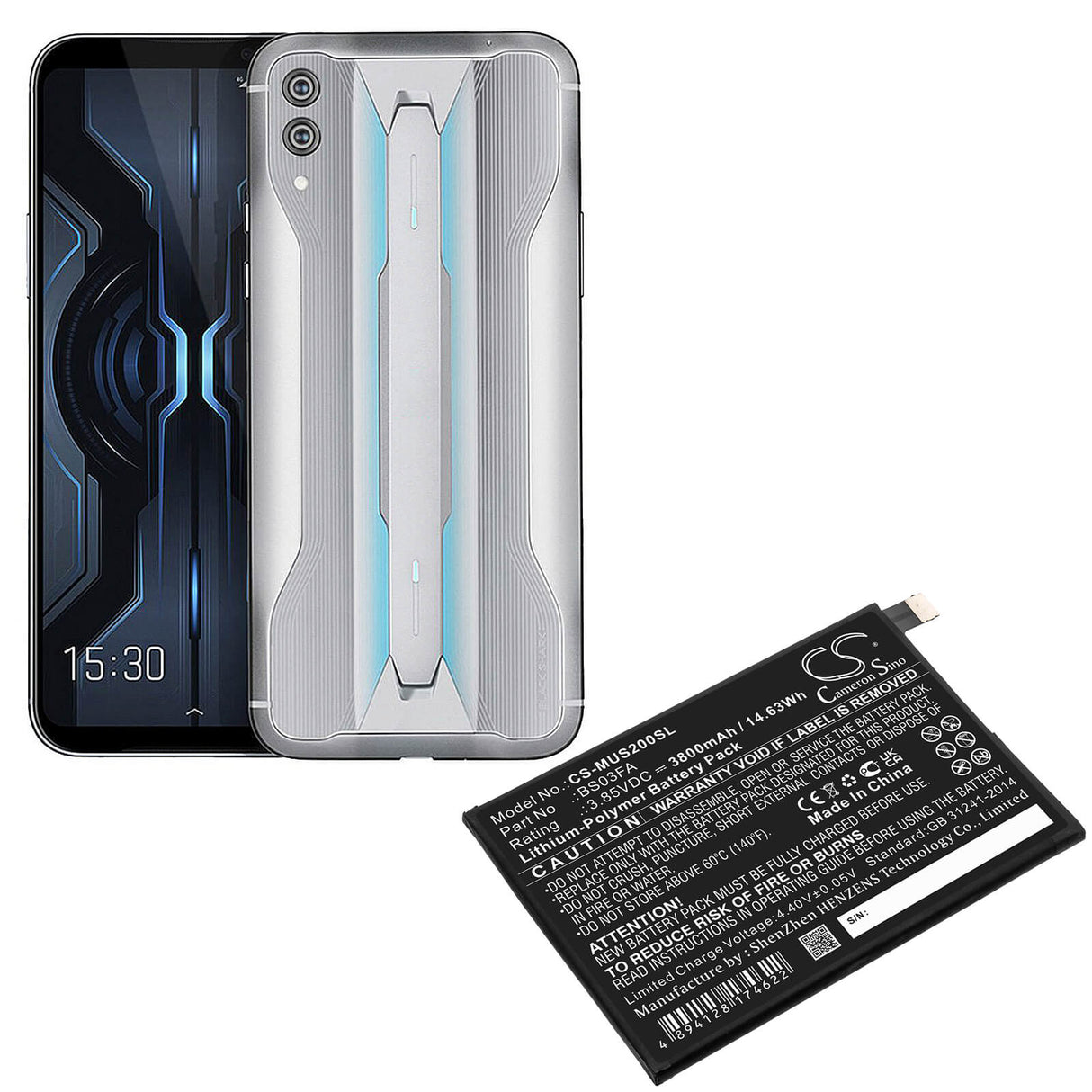 3.85V, Li-Polymer, 3800mAh, SmartPhone battery fits Xiaomi, Bs03fa, Awm-a0, Black Shark 2, 14.63Wh Mobile, SmartPhone Cameron Sino Technology Limited (Smartphone)