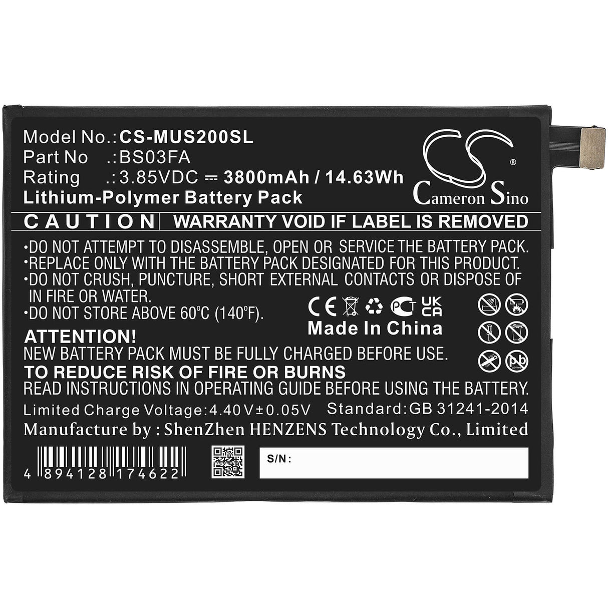 3.85V, Li-Polymer, 3800mAh, SmartPhone battery fits Xiaomi, Bs03fa, Awm-a0, Black Shark 2, 14.63Wh Mobile, SmartPhone Cameron Sino Technology Limited (Smartphone)