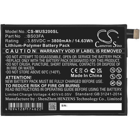 3.85V, Li-Polymer, 3800mAh, SmartPhone battery fits Xiaomi, Bs03fa, Awm-a0, Black Shark 2, 14.63Wh Mobile, SmartPhone Cameron Sino Technology Limited (Smartphone)