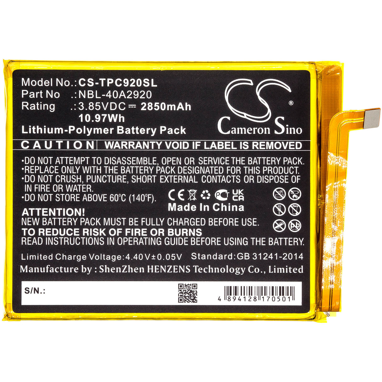 3.85V, Li-Polymer, 2850mAh, SmartPhone battery fits Tp-link, Neffos, Nbl-40a2920, C9a, Tp706a, 10.97Wh Mobile, SmartPhone Cameron Sino Technology Limited (Smartphone)