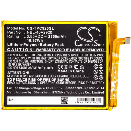 3.85V, Li-Polymer, 2850mAh, SmartPhone battery fits Tp-link, Neffos, Nbl-40a2920, C9a, Tp706a, 10.97Wh Mobile, SmartPhone Cameron Sino Technology Limited (Smartphone)