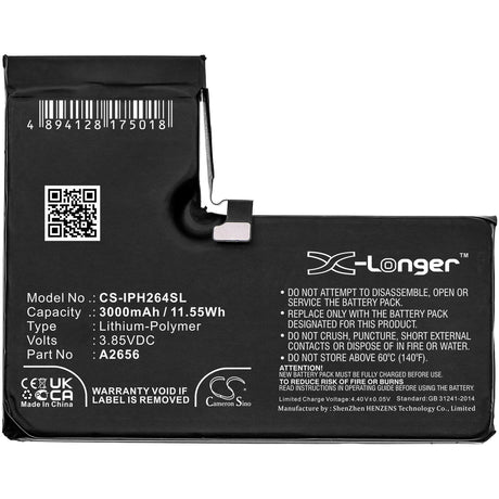 3.85V, Li-Polymer, 3000mAh, SmartPhone battery fits Apple, A2656, A2640, Iphone 13 Pro, 11.55Wh Mobile, SmartPhone Cameron Sino Technology Limited (Smartphone)