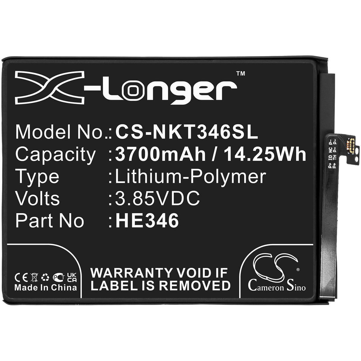 3.85V, Li-Polymer, 3700mAh, SmartPhone battery fits Nokia, He346, 7 Plus, Ta1046, 14.25Wh Mobile, SmartPhone Cameron Sino Technology Limited (Smartphone)