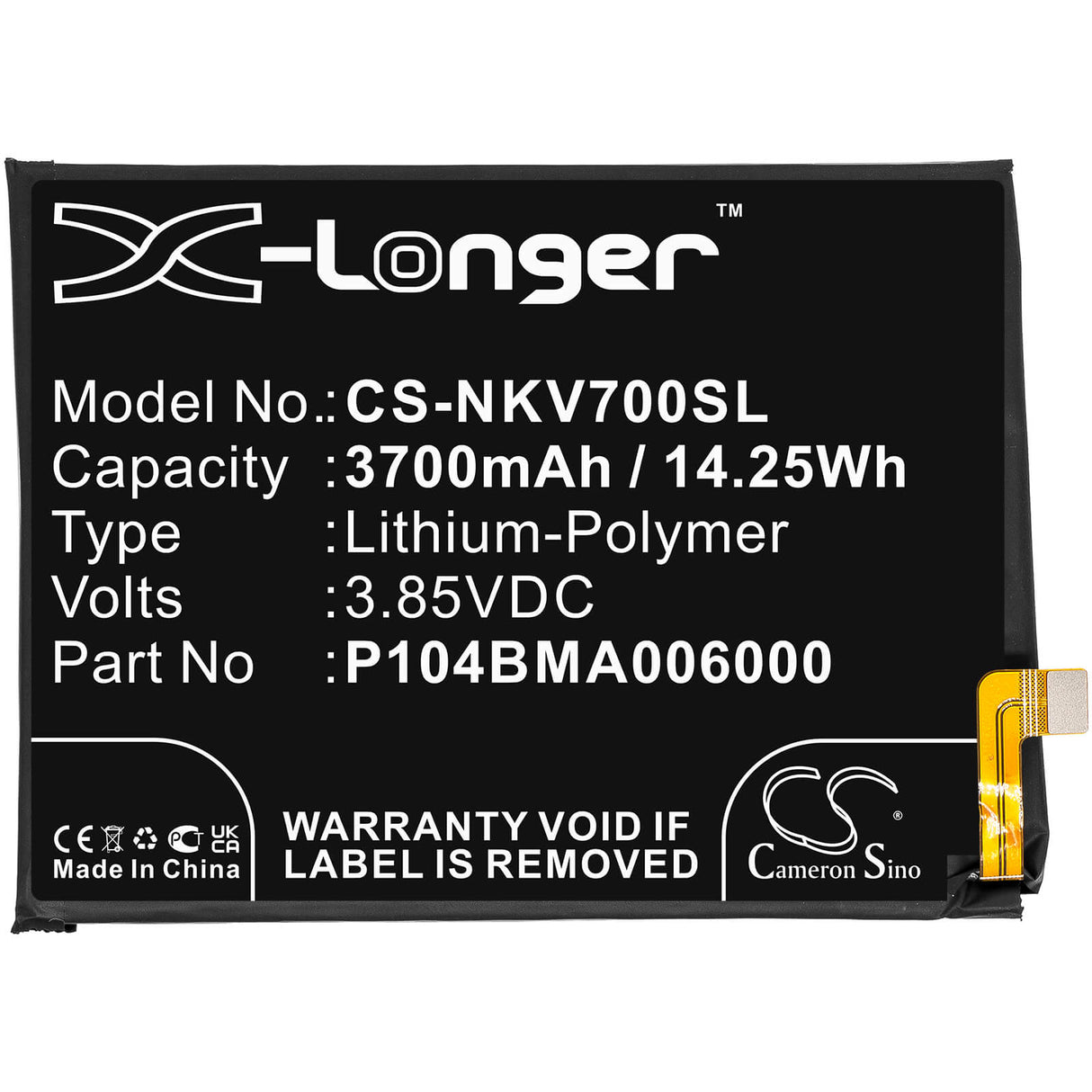3.85V, Li-Polymer, 3700mAh, SmartPhone battery fits Nokia, P104bma006000, Ta-1322, Ta-1323, 14.25Wh Mobile, SmartPhone Cameron Sino Technology Limited (Smartphone)
