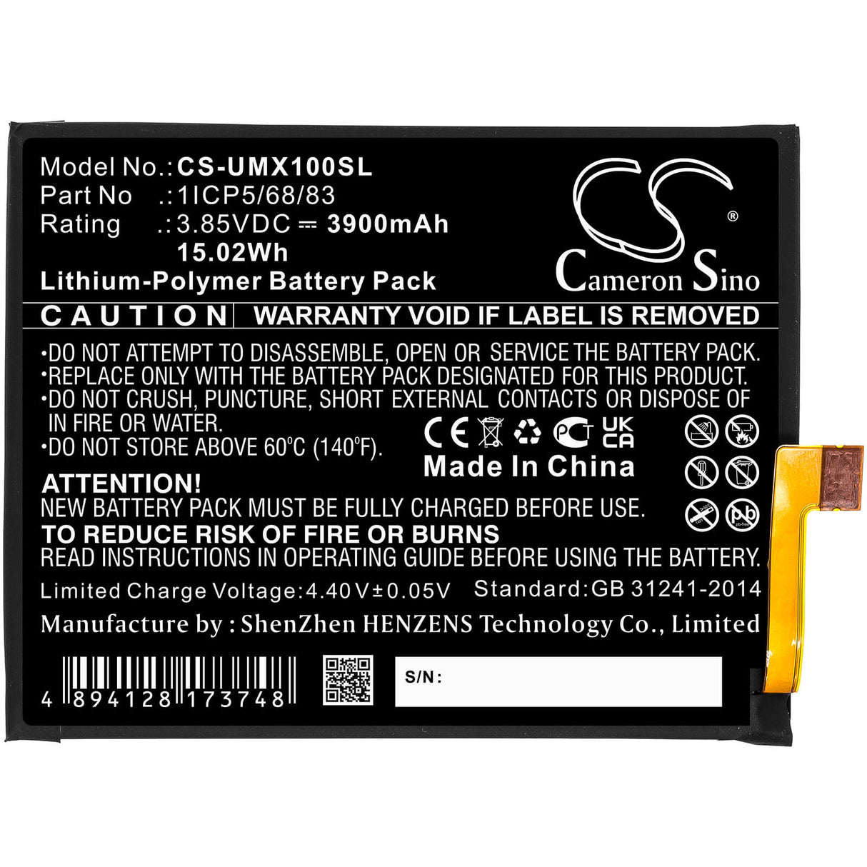 3.85V, Li-Polymer, 3900mAh, SmartPhone battery fits Umi, 1icp5/68/83, Umidigi X, 15.02Wh Mobile, SmartPhone Cameron Sino Technology Limited (Smartphone)