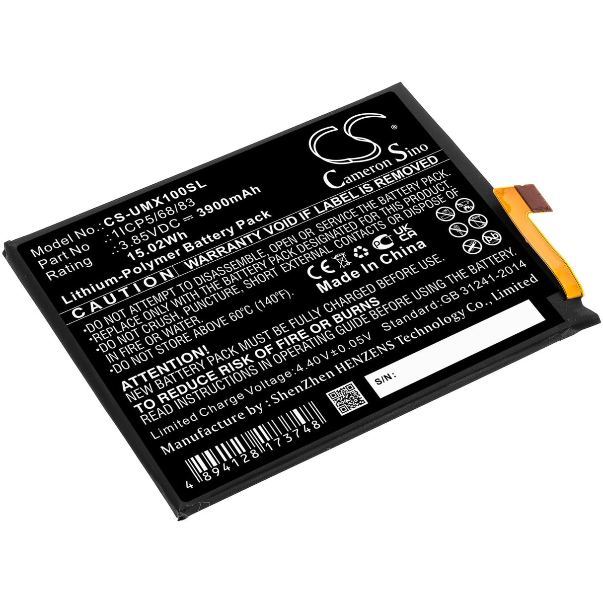 3.85V, Li-Polymer, 3900mAh, SmartPhone battery fits Umi, 1icp5/68/83, Umidigi X, 15.02Wh Mobile, SmartPhone Cameron Sino Technology Limited (Smartphone)