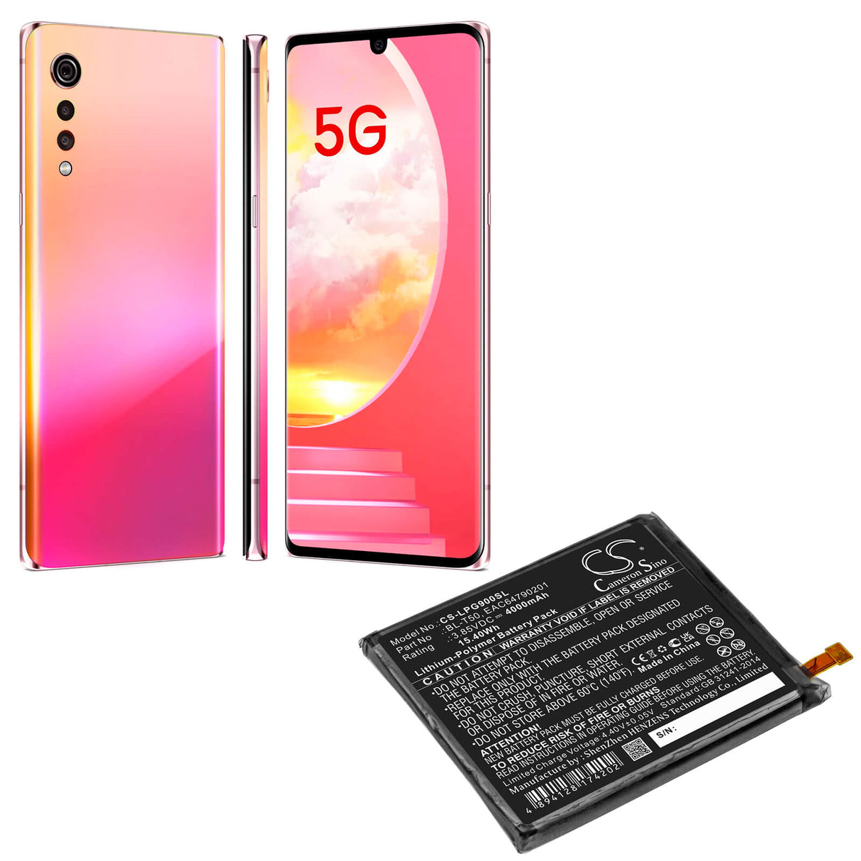 3.85V, Li-Polymer, 4000mAh, SmartPhone battery fits Lg, Bl-t50, G900b, G900em, 15.4Wh Mobile, SmartPhone Cameron Sino Technology Limited (Smartphone)