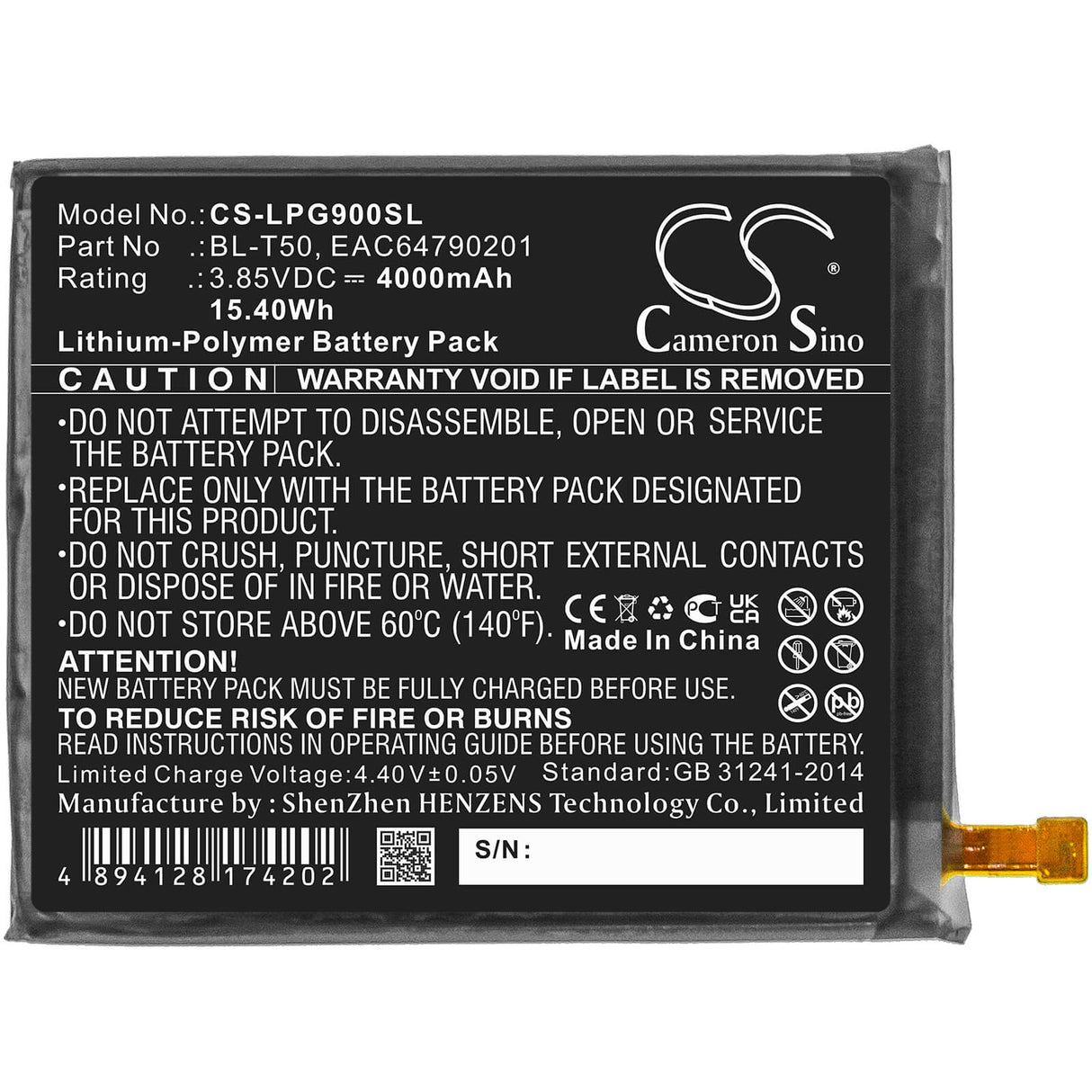 3.85V, Li-Polymer, 4000mAh, SmartPhone battery fits Lg, Bl-t50, G900b, G900em, 15.4Wh Mobile, SmartPhone Cameron Sino Technology Limited (Smartphone)