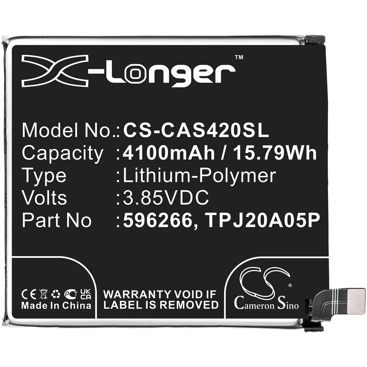 3.85V, Li-Polymer, 4100mAh, SmartPhone battery fits Cat, Caterpillar, 596266, S32, S42, 15.79Wh Mobile, SmartPhone Cameron Sino Technology Limited (Smartphone)