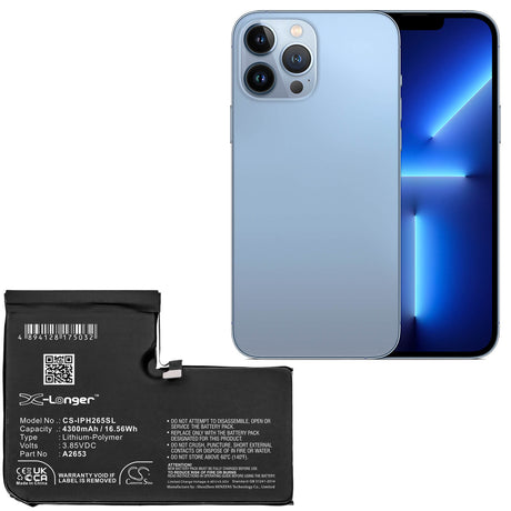3.85V, Li-Polymer, 4300mAh, SmartPhone battery fits Apple, A2653, A2645, Iphone 13 Pro Max, 16.56Wh Mobile, SmartPhone Cameron Sino Technology Limited (Smartphone)
