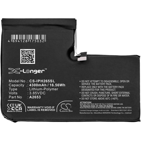 3.85V, Li-Polymer, 4300mAh, SmartPhone battery fits Apple, A2653, A2645, Iphone 13 Pro Max, 16.56Wh Mobile, SmartPhone Cameron Sino Technology Limited (Smartphone)