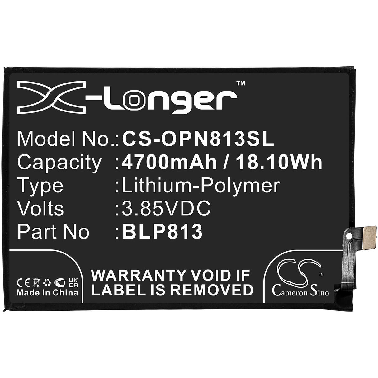 3.85V, Li-Polymer, 4700mAh, SmartPhone battery fits Metropc, Oneplus, Blp813, Be2015, Nord N100, 18.1Wh Mobile, SmartPhone Cameron Sino Technology Limited (Smartphone)