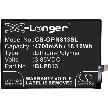 3.85V, Li-Polymer, 4700mAh, SmartPhone battery fits Metropc, Oneplus, Blp813, Be2015, Nord N100, 18.1Wh Mobile, SmartPhone Cameron Sino Technology Limited (Smartphone)