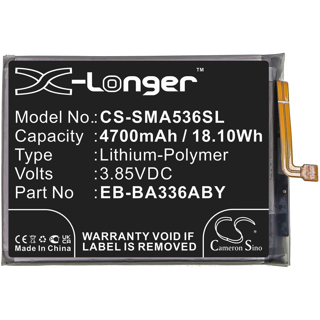 3.85V, Li-Polymer, 4700mAh, SmartPhone battery fits Samsung, Eb-ba336aby, Galaxy A33 5g, Galaxy A53 5g, 18.1Wh Mobile, SmartPhone Cameron Sino Technology Limited (Smartphone)