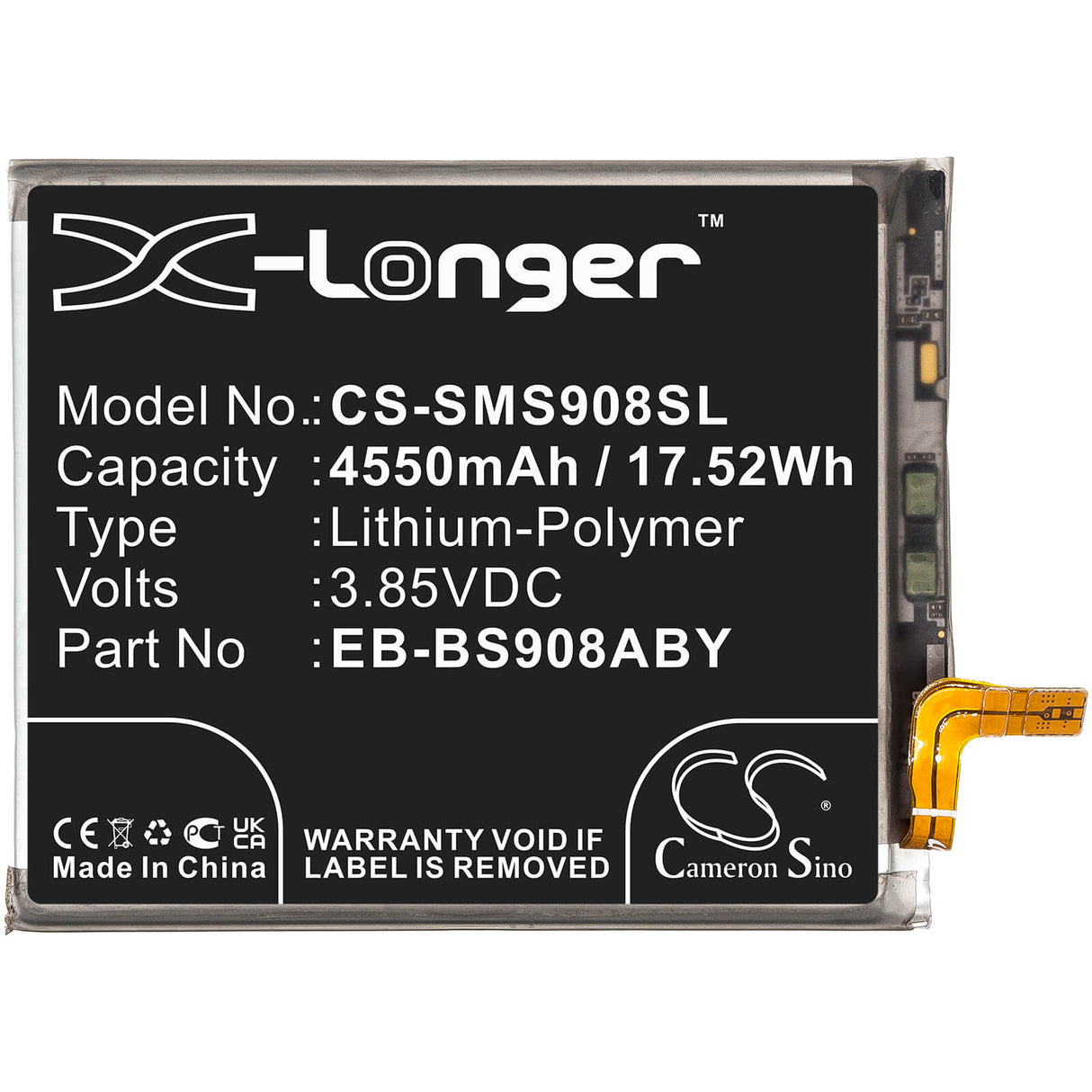 3.85V, Li-Polymer, 4550mAh, SmartPhone battery fits Samsung, Eb-bs908aby, Galaxy S22 Ultra 5g, Sm-s906w, 17.52Wh Mobile, SmartPhone Cameron Sino Technology Limited (Smartphone)