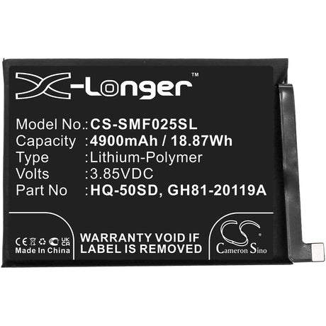 3.85V, Li-Polymer, 4900mAh, SmartPhone battery fits Samsung, Gh81-20119a, Galaxy A02s, Galaxy A02s 2020, 18.87Wh Mobile, SmartPhone Cameron Sino Technology Limited (Smartphone)