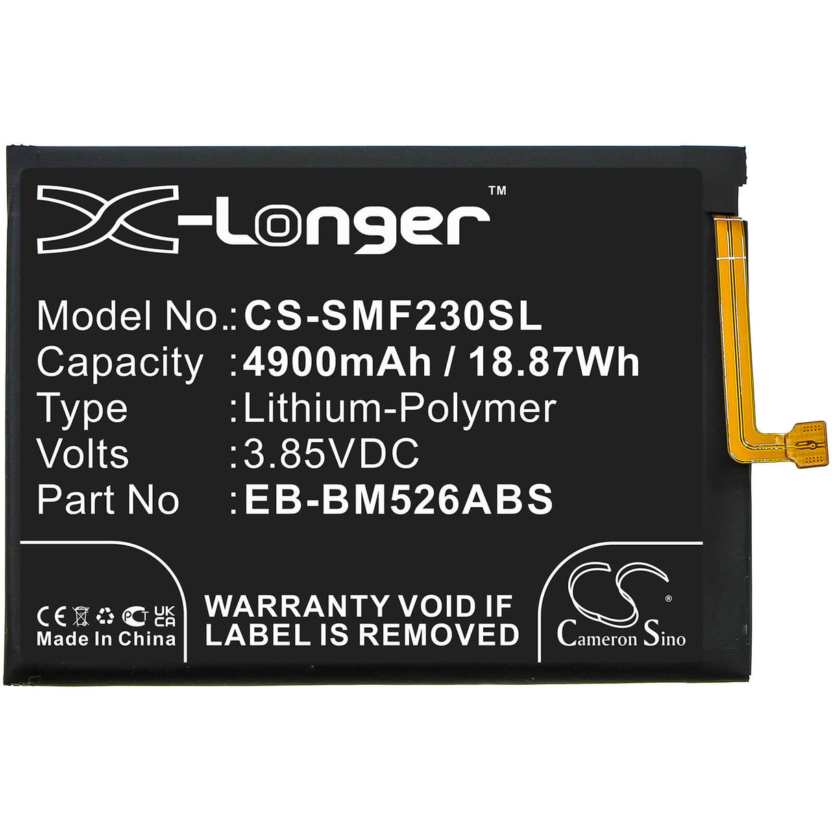 3.85V, Li-Polymer, 4900mAh, SmartPhone battery fits Samsung, Eb-bm526abs, Galaxy A23 4g, Galaxy F23 5g, 18.87Wh Mobile, SmartPhone Cameron Sino Technology Limited (Smartphone)