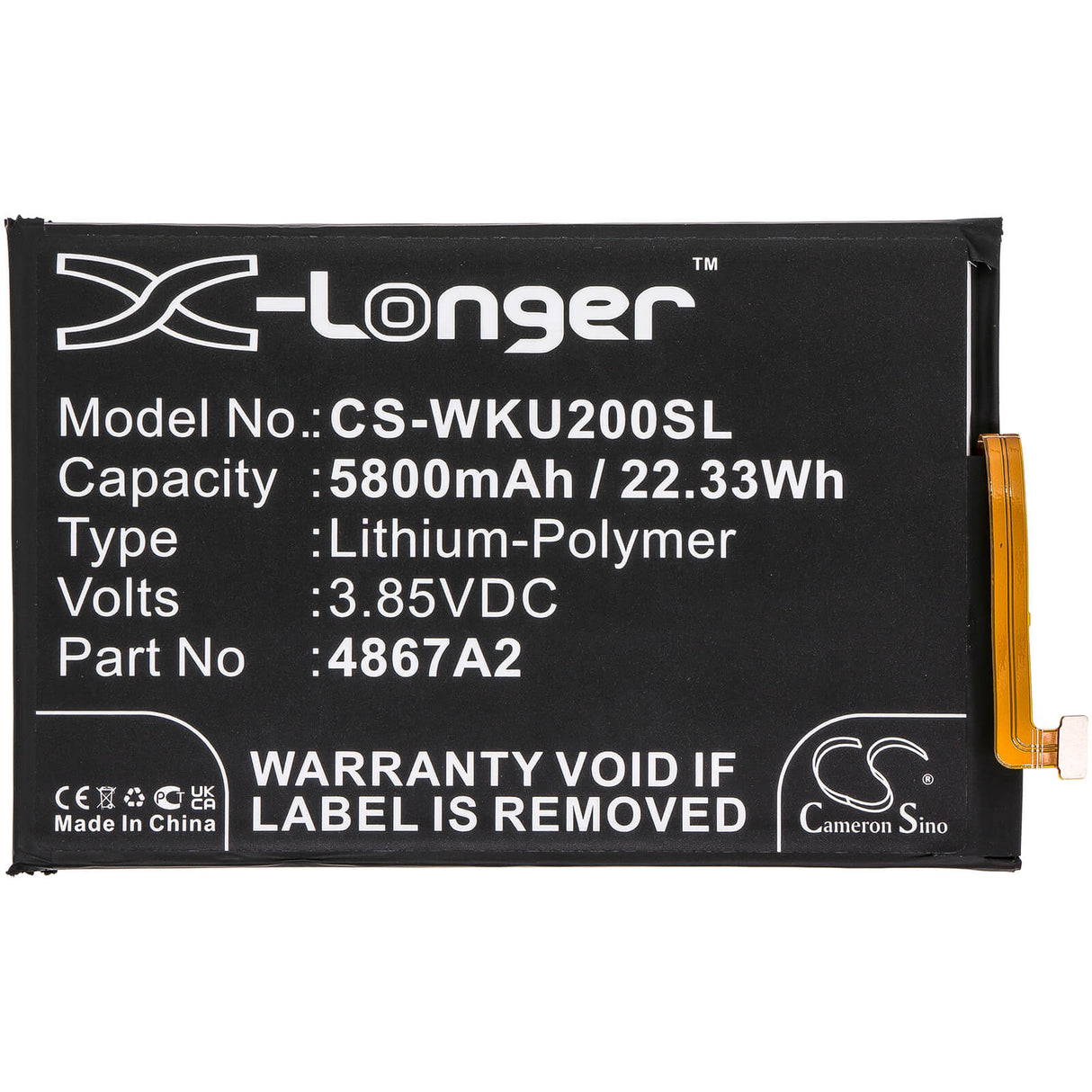 3.85V, Li-Polymer, 5800mAh, SmartPhone battery fits Wiko, 4867a2, Power U20, U30, 22.33Wh Mobile, SmartPhone Cameron Sino Technology Limited (Smartphone)