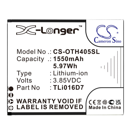 3.85V, Li-ion, 1550mAh, SmartPhone battery fits Alcatel, Tli016d7, Ot-4055j, Ot-4055u, 5.97Wh Mobile, SmartPhone Cameron Sino Technology Limited (Smartphone)