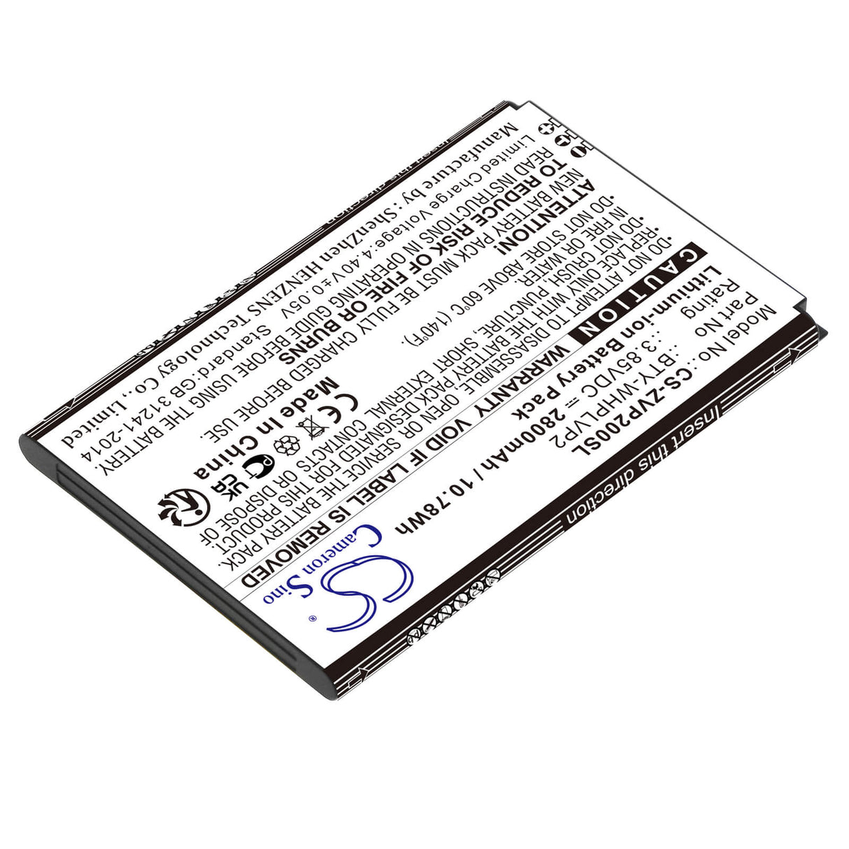 3.85V, Li-ion, 2800mAh, Hotspot battery fits Verizon, Bty-whplvp2, Lvp2, Wireless Home Phone Connect, 10.78Wh Hotspot Cameron Sino Technology Limited
