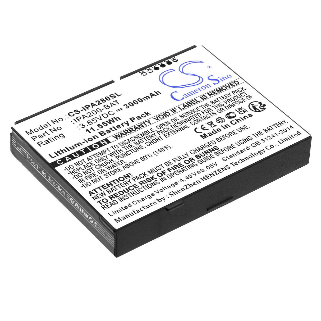 3.85V, Li-ion, 3000mAh, Payment Terminal battery fits Ingenico, 296104539, Ipa200, Ipa280, 11.55Wh Payment Terminal Cameron Sino Technology Limited