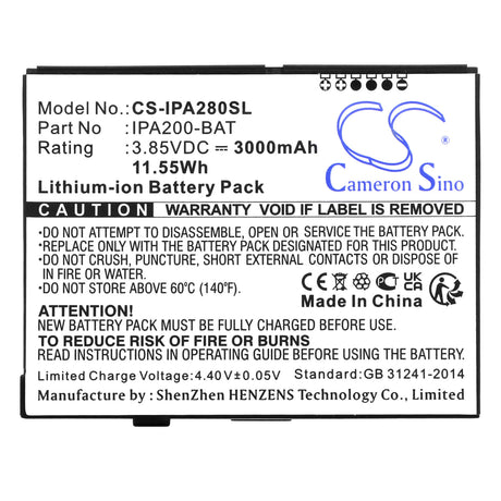 3.85V, Li-ion, 3000mAh, Payment Terminal battery fits Ingenico, 296104539, Ipa200, Ipa280, 11.55Wh Payment Terminal Cameron Sino Technology Limited