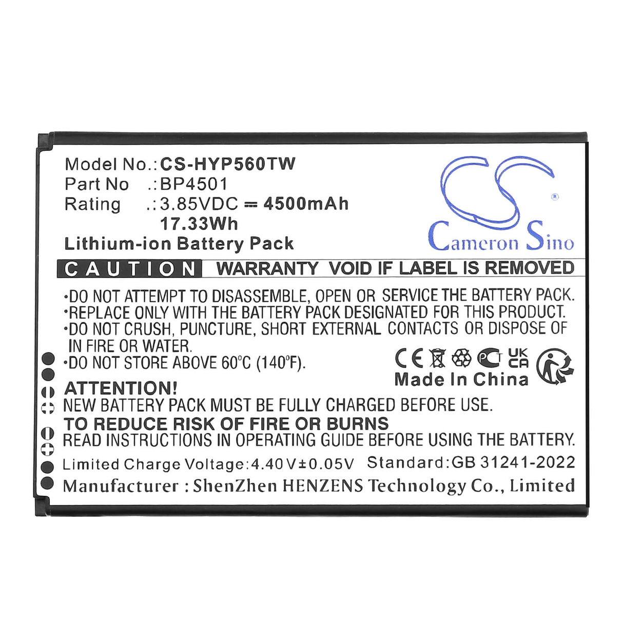 3.85V, Li-ion, 4500mAh, Two-Way Radio battery fits Hytera, Pnc460, Pnc460u, 17.33Wh Two-Way Radio Cameron Sino Technology Limited
