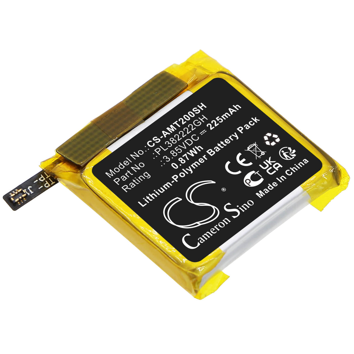 3.85V, Li-Polymer, 225mAh, Smartwatch battery fits Amazfit, Pl382222gh, A2009, A2017, 0.87Wh Smartwatch Cameron Sino Technology Limited