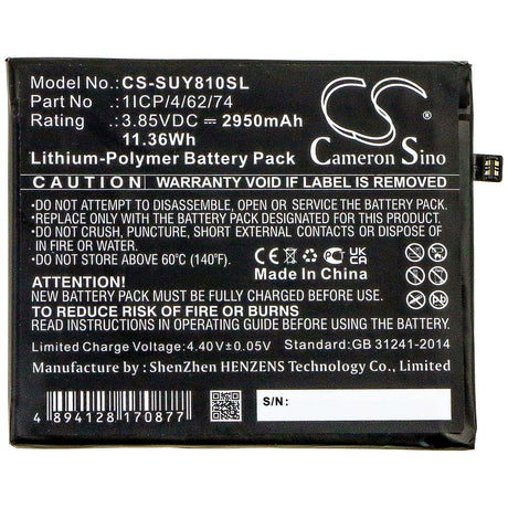 3.85V, Li-Polymer, 2950mAh, SmartPhone battery fits Sugar, 1icp/4/62/74, Y8 Max, 11.36Wh Mobile, SmartPhone Cameron Sino Technology Limited (Smartphone)