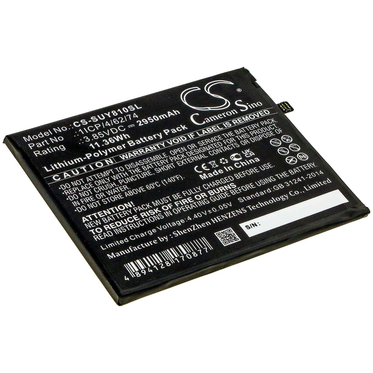 3.85V, Li-Polymer, 2950mAh, SmartPhone battery fits Sugar, 1icp/4/62/74, Y8 Max, 11.36Wh Mobile, SmartPhone Cameron Sino Technology Limited (Smartphone)