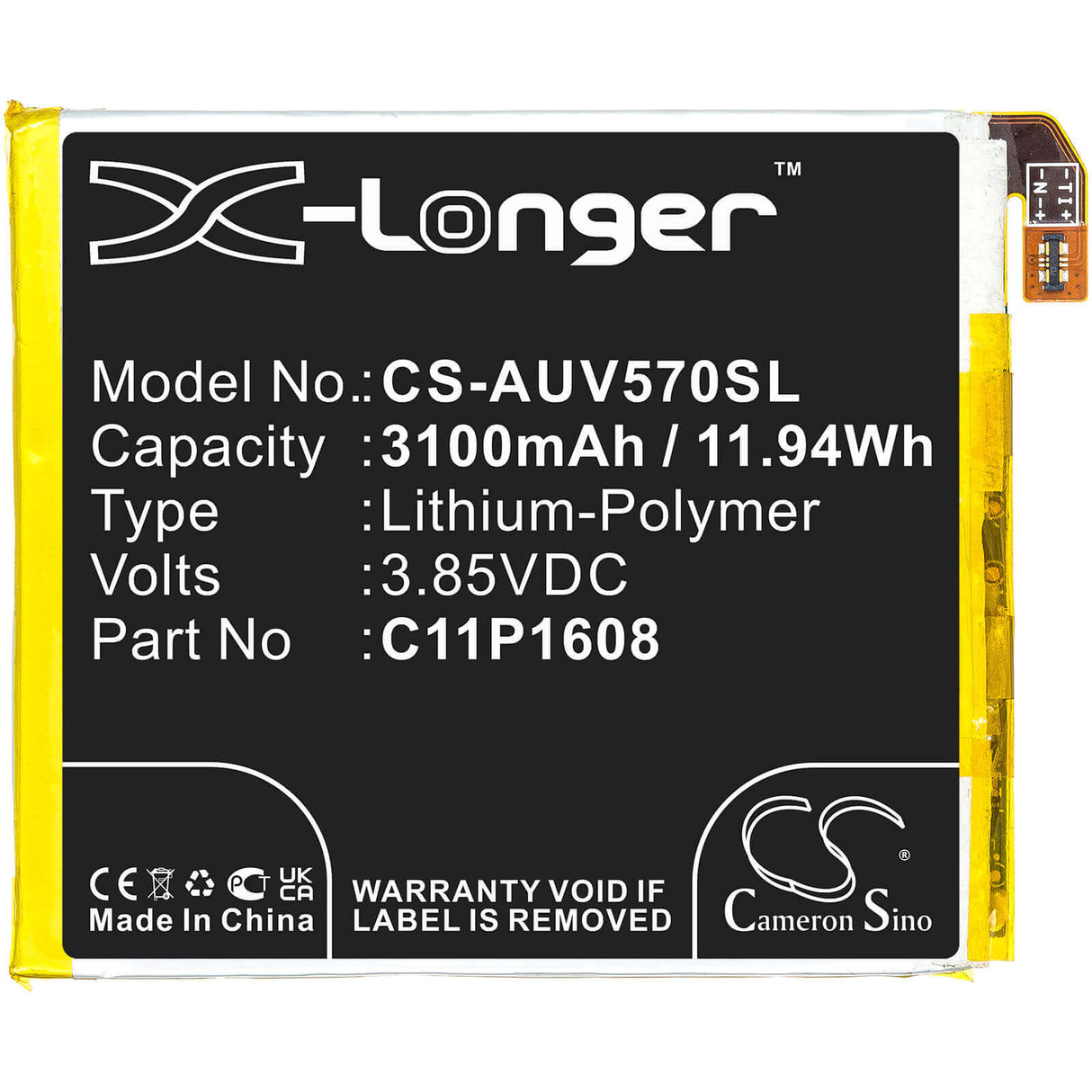 3.85V, Li-Polymer, 3100mAh, SmartPhone battery fits Asus, C11p1608, A002a, V570kl, 11.94Wh Mobile, SmartPhone Cameron Sino Technology Limited (Smartphone)
