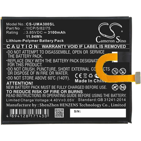 3.85V, Li-Polymer, 3100mAh, SmartPhone battery fits Umi, 1icp/5/82/75, Umidigi A3, 11.94Wh Mobile, SmartPhone Cameron Sino Technology Limited (Smartphone)