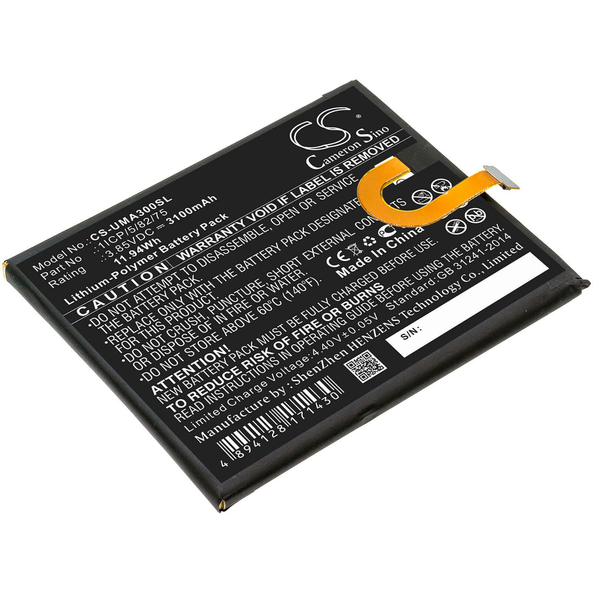 3.85V, Li-Polymer, 3100mAh, SmartPhone battery fits Umi, 1icp/5/82/75, Umidigi A3, 11.94Wh Mobile, SmartPhone Cameron Sino Technology Limited (Smartphone)