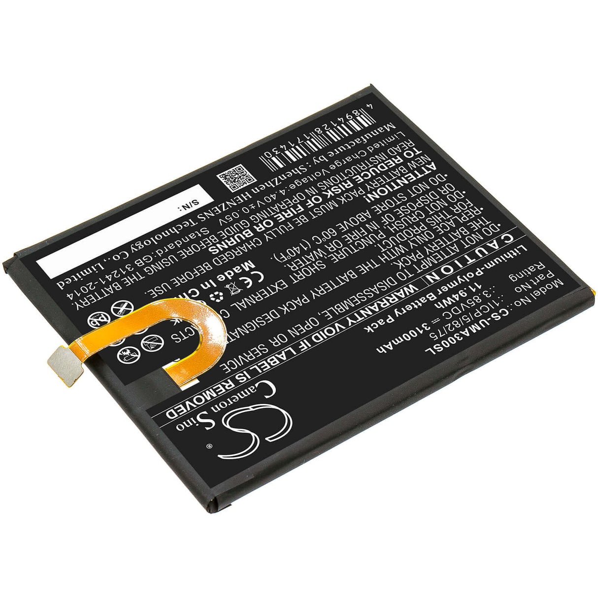 3.85V, Li-Polymer, 3100mAh, SmartPhone battery fits Umi, 1icp/5/82/75, Umidigi A3, 11.94Wh Mobile, SmartPhone Cameron Sino Technology Limited (Smartphone)